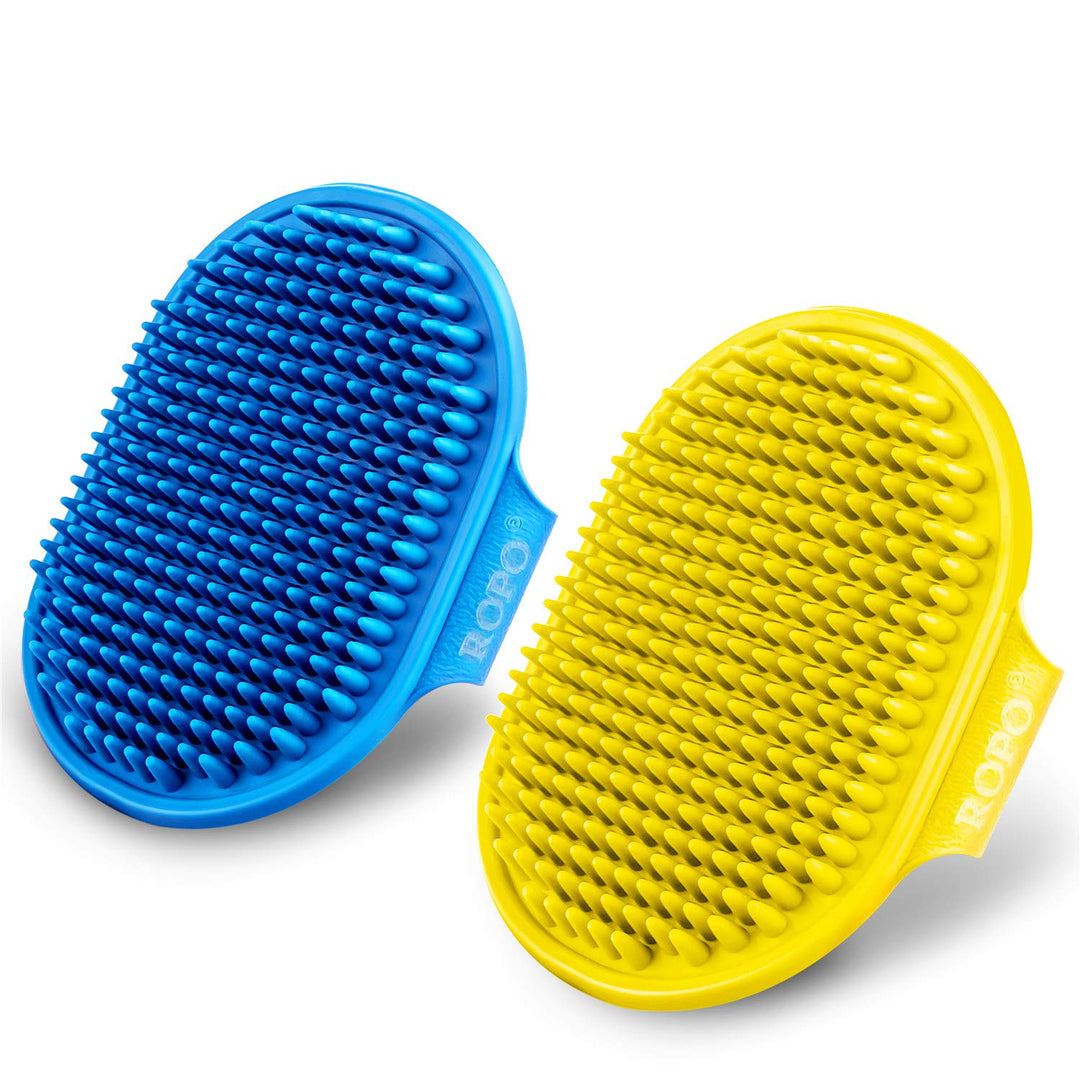 Dog Grooming Brush, Pet Shampoo Bath Brush Soothing Massage Rubber Comb with Adjustable Ring Handle for Long Short Haired Dogs and Cats 2pcs