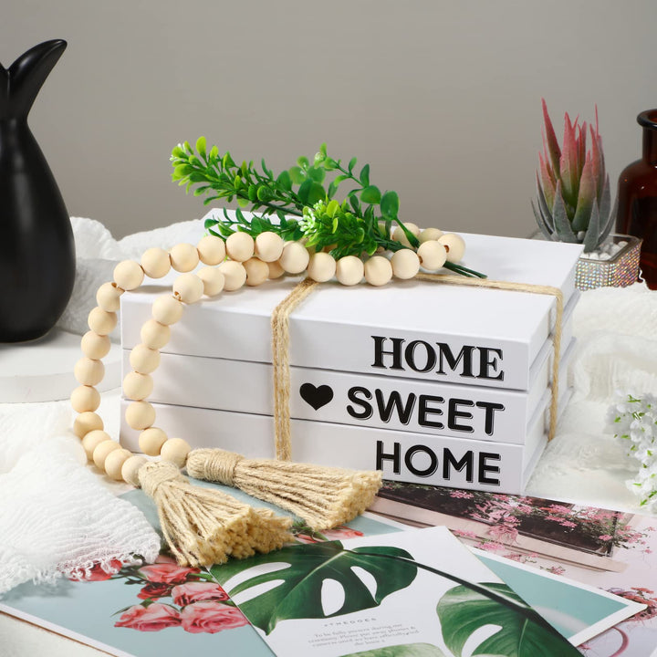 3 Pieces White Decorative Books Modern Farmhouse Stacked Books Stacks Faux Paper Books with Wood Bead Linen Decor for Home Coffee Tables (Chic Style)