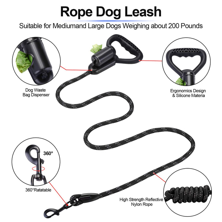 Reflective Black Dog Leash & Collar Set, 5 ft Dog Leash for Heavy Duty with Waste Bag Dispenser & Adjustable Dog Collar for Large & Medium Dogs, Suitable for Training, Hiking, Walking & More