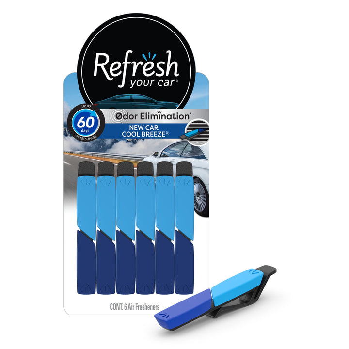 Refresh your car, Odor Elimination cool breeze Auto Vent Stick, New Car, 6 Per Pack - Packaging may vary, blue