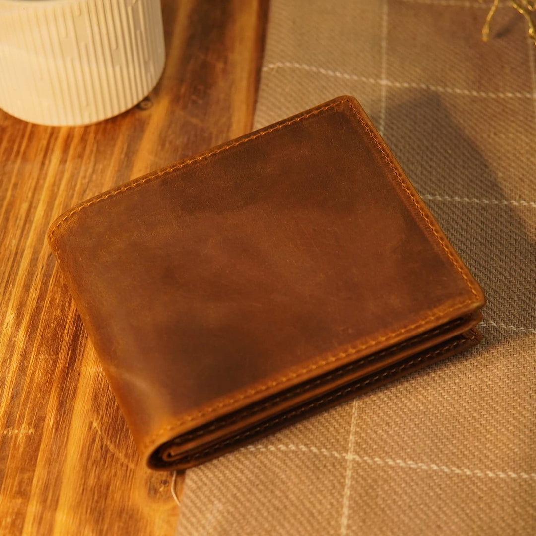 Polare RFID Blocking Cowboy Genuine Natural Crazy Horse Leather Bifold Wallet For Men