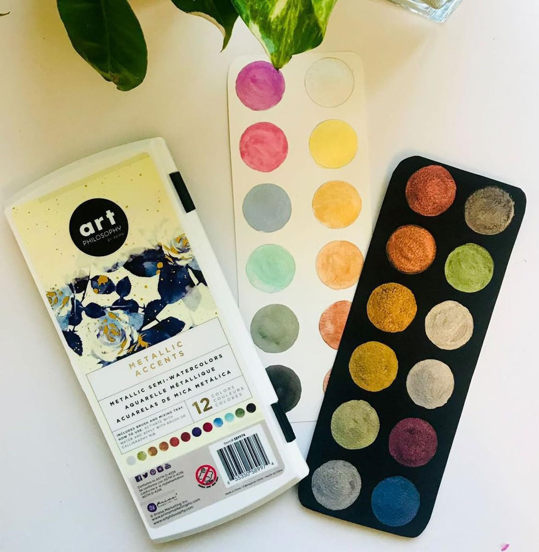Prima Marketing Art Philosophy Metallic Accents Semi-Watercolor Paint -12 Cakes & Brush 655350592974 Metallic Accent Watercolors