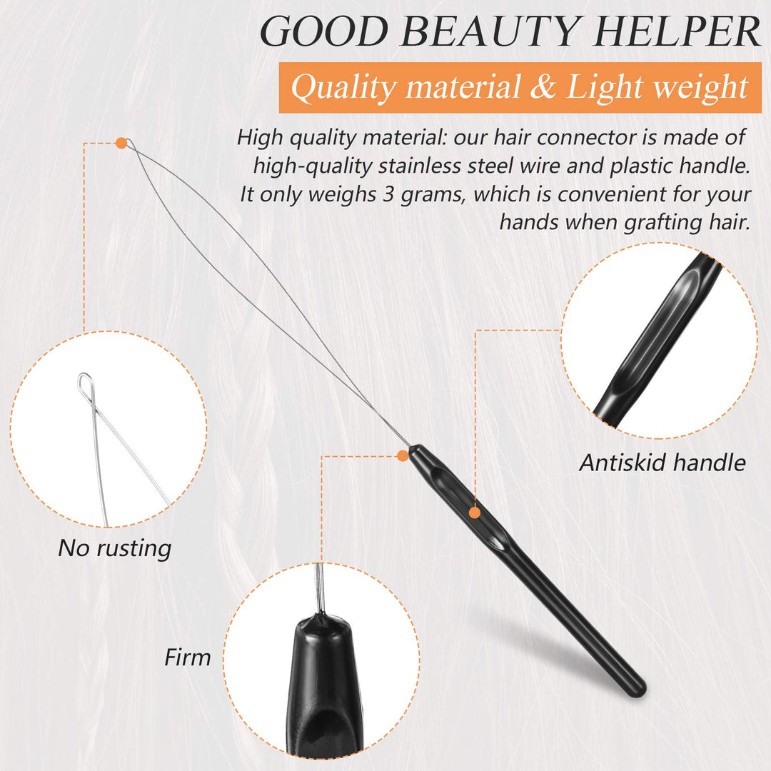 30 Pieces Hair Extension Loop Needle Threader Wire Pulling Hook Tool and Bead Device Tool Plastic Hair Extension Loop Needle for Hair or Feather Extensions Supplies, DIY Hook Tool Loop Tools, Black