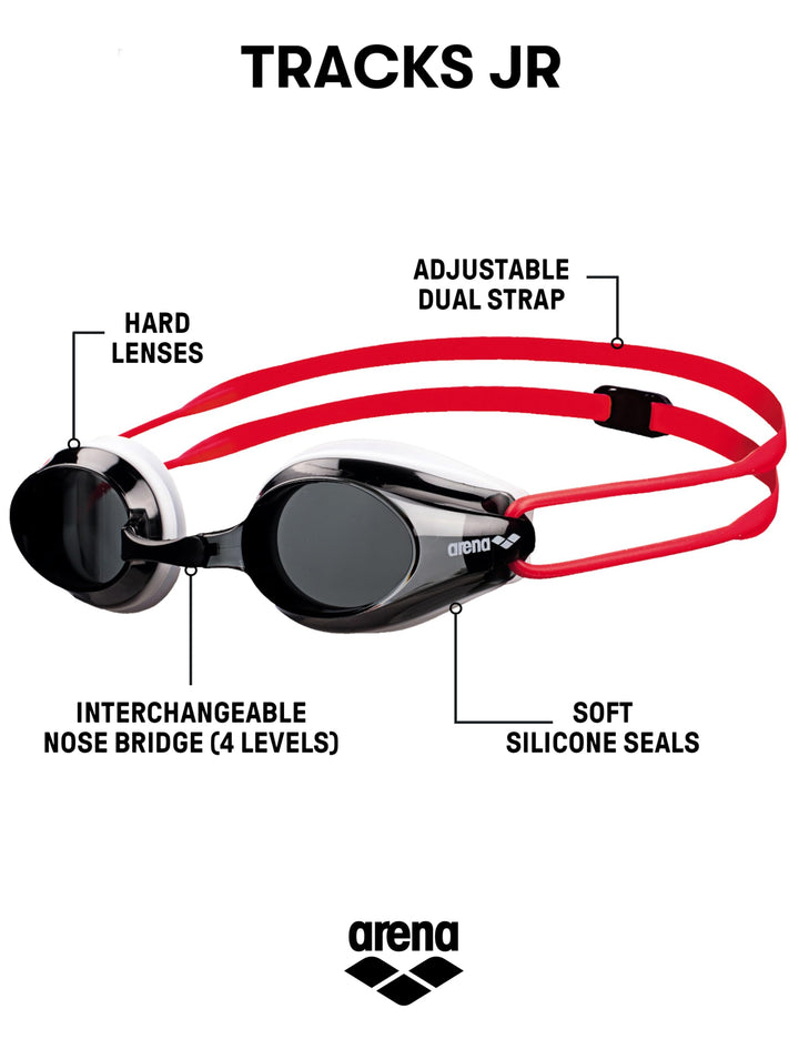 Arena Tracks Unisex Junior Youth Essential Racing Swim Goggles Kids Swimmers Young Racers 6-12 Anti-Fog Coated Non-Mirror Lens, Smoke/White/Red