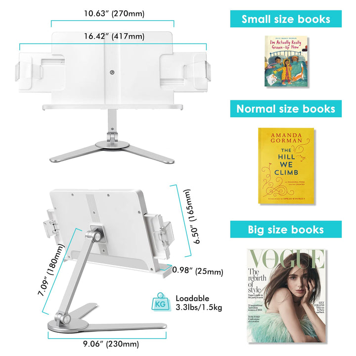 viozon Book Stand,Cookbook Holder Desk Reading,Adjustable Height&Angle,Aluminum Alloy,Foldable&Portable,for Office,Kitchen,School,Kids&Adults Book,Recipe,Magazine,Tablet,Kindle,Silver