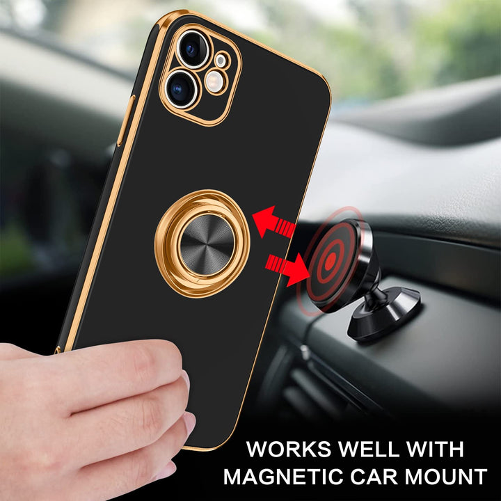for iPhone 11 Case with 360° Ring Holder, Shockproof Slim Kickstand Magnetic Support Car Mount Women Men Non-Slip Protective Phone Case for iPhone 11 6.1, Black/Gold
