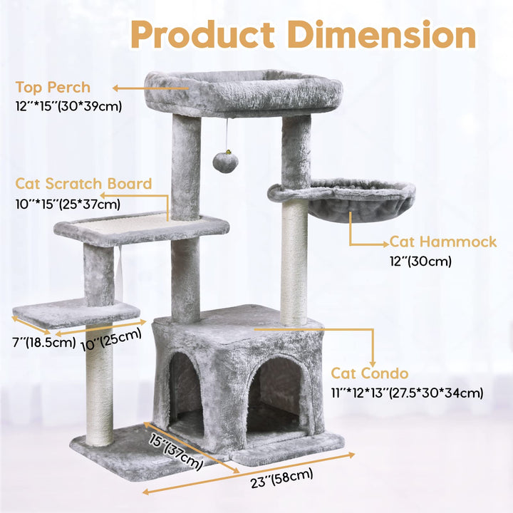 Cat Tree, Cat Tower with Sisal Scratching Post for Indoor Cats, 35 Multi-Level Cat Condo with Hammock Perch and Kitten Toys, Cat Furniture for Kittens Adult Cats