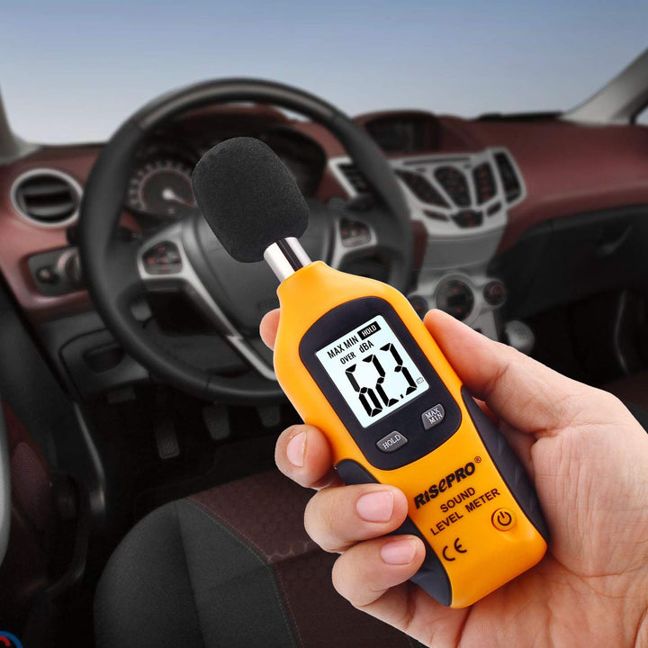 Decibel Meter, ® Digital Sound Level Meter 30 – 130 dB Audio Noise Measure Device Backlight MAX/MIN, Data Hold Auto Power Off Dual Ranges HT-80A