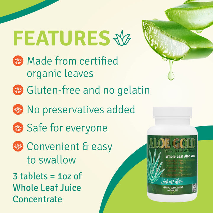 - Aloe Gold Tablets, Immune Support & Healthy Herbal Bitters, Supports Proper Digestion, Promotes Energy & Body Wellness, Certified Organically Grown Whole Leaf Aloe Vera Leaves (90 Tablets)