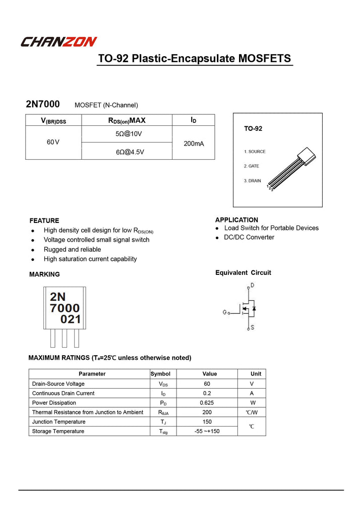 Chanzon 2N7000 TO-92 NMOS MOS N-Channel Power MOSFET Transistor, Ideal for Electronic Circuits (Pack of 100pcs)