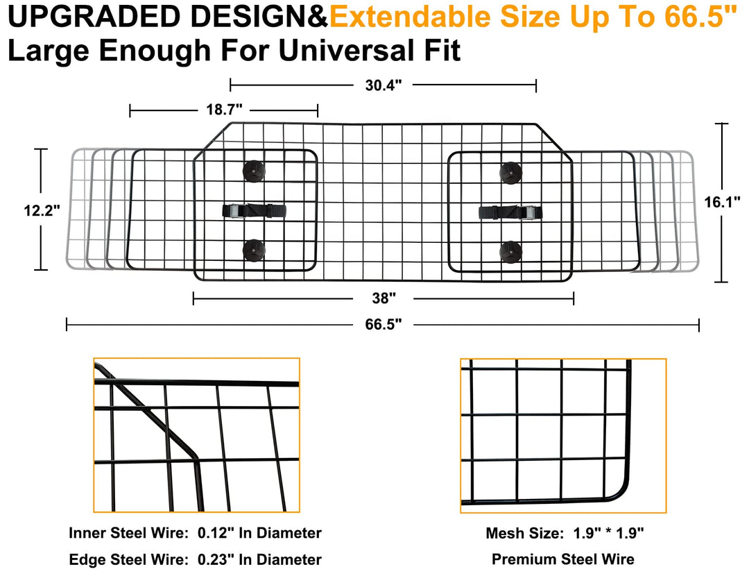 38-66.5 Inches Dog Car Barrier for SUVs, Van, Vehicles, Adjustable Large Pet Barriers, Universal Fit Heavy-Duty Wire Mesh Dog Guard, Pet Divider Gate for Truck Cargo Area, Safety Car Divider