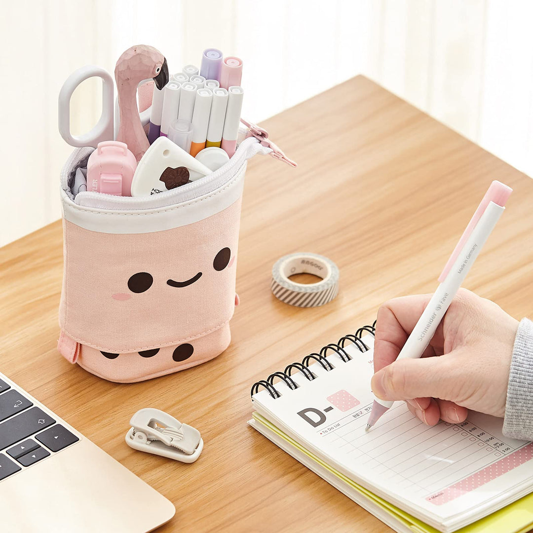 Standing Pencil Case Cute Telescopic Pen Holder Kawaii Stationery Pouch Makeup Cosmetics Bag for School Students Office Women Teens Girls Boys (Pink)