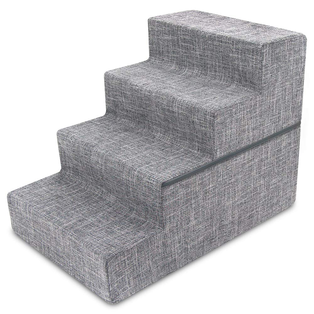 Foldable Foam Pet Steps for Small Dogs and Cats, Portable Ramp Stairs for Couch, Sofa, and High Bed Climbing, Non-Slip Balanced Indoor Step Support, Paw Safe - Ash Gray Linen,4-Step