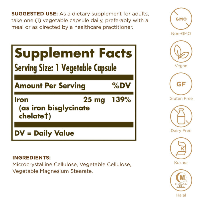 Solgar Gentle Iron (Iron Bisglycinate) 25 mg - 180 Vegetable Capsules - Non-Constipating, Gentle on Your Stomach - Non-GMO, Gluten Free - 180 Servings