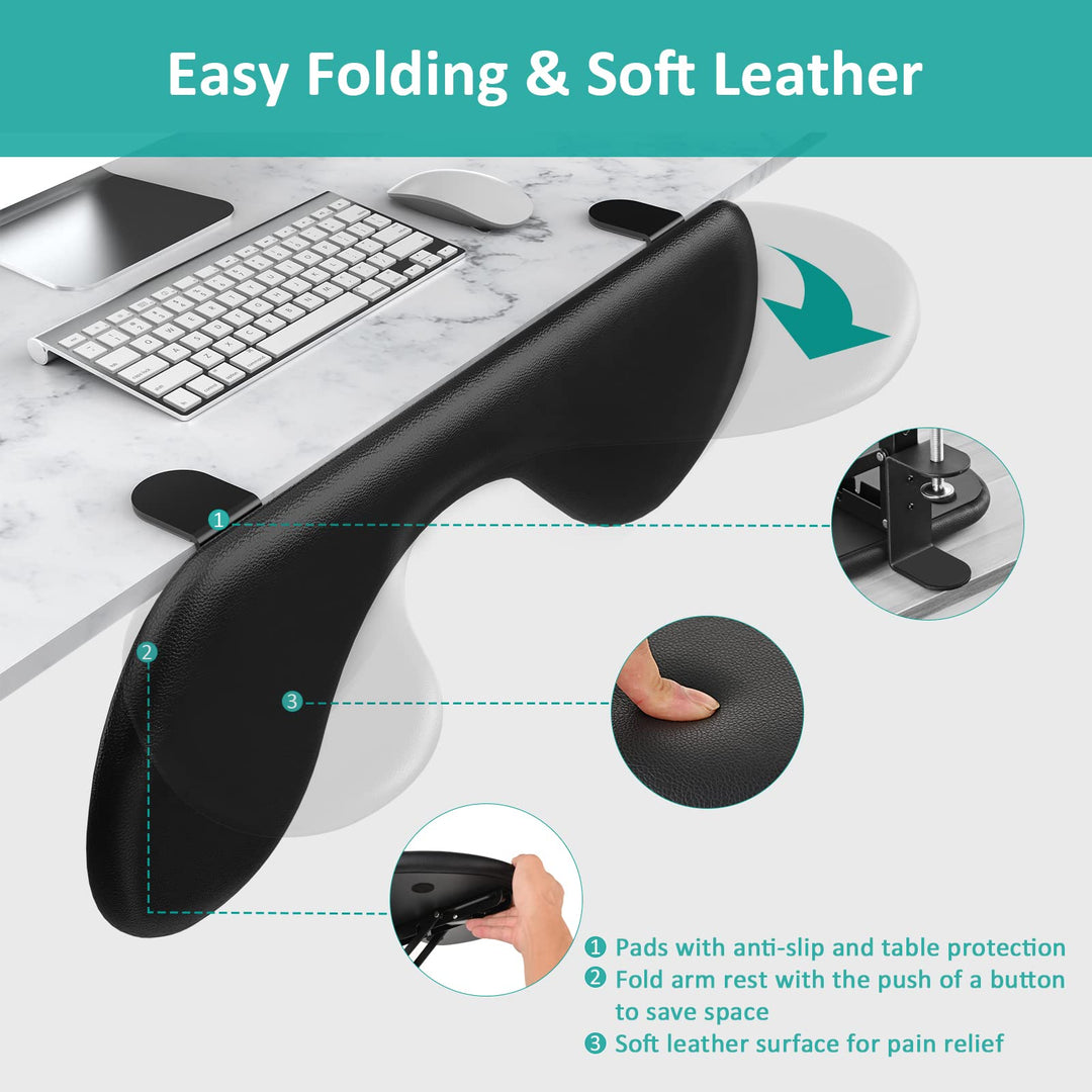 Eulps Ergonomic Forearm Support Clamp-on Leather Elbow Armrest Pad Ergonomic Desk Extender for Home and Office, Easy Typing & Pain Relief (Black)