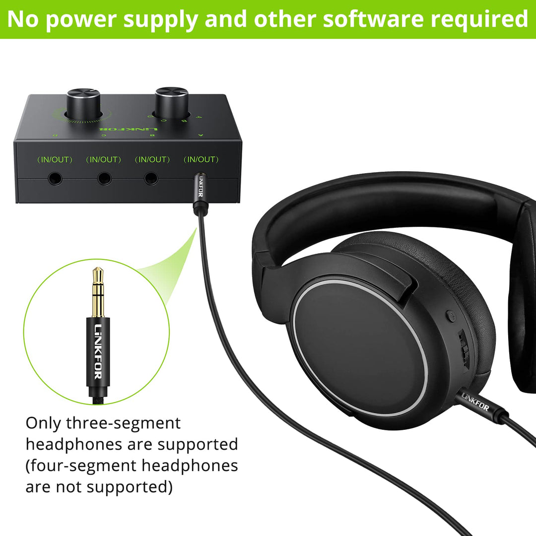 4 Port 3.5mm Stereo Audio Switch, 4 Way Stereo Audio Selector, 4 Input 1 Output / 1 Input 4 Output Audio Splitter with Volume Control and 4 Channel Switch Knob