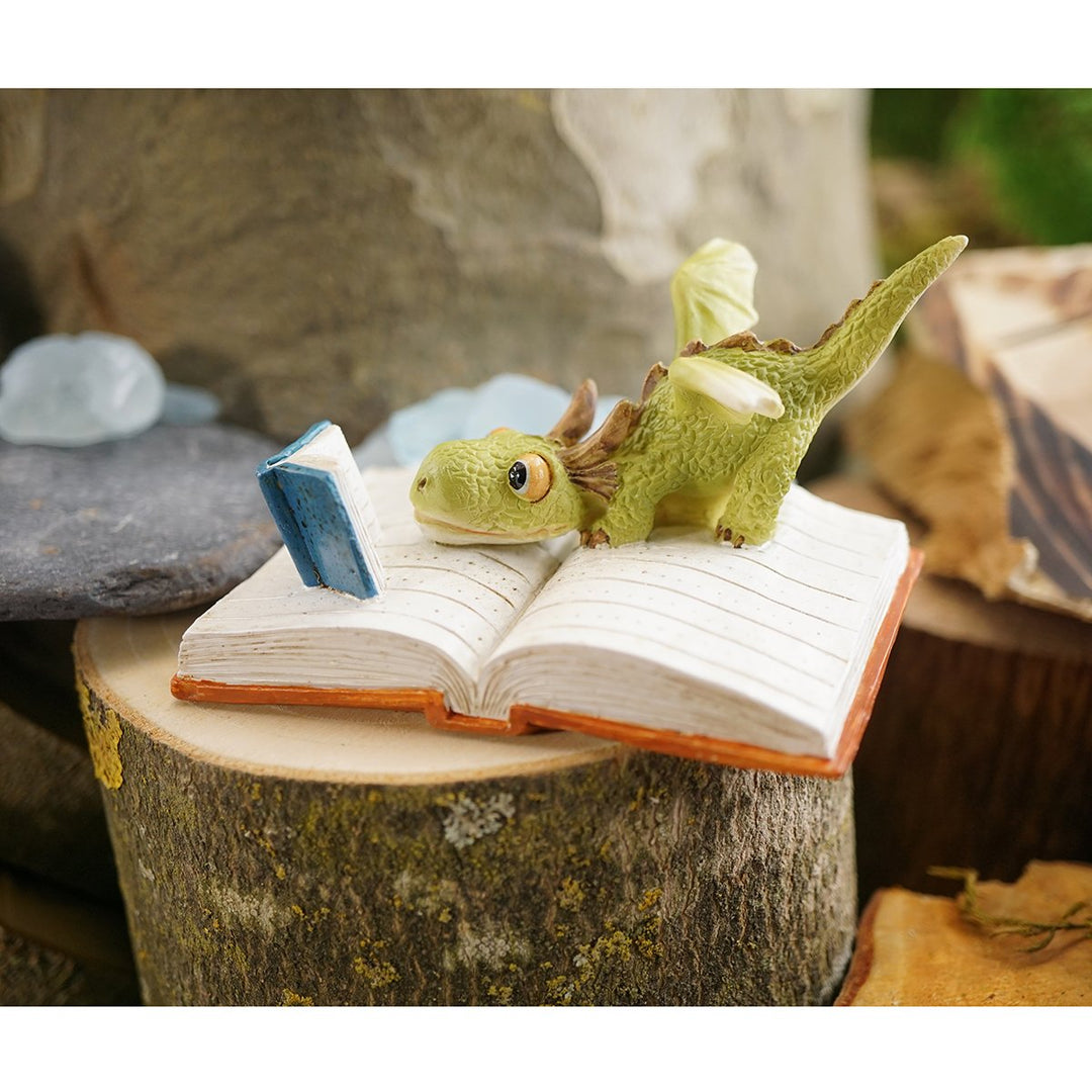 Miniature Fairy Garden and Terrarium Mini Dragon Reading Figurine, Green White