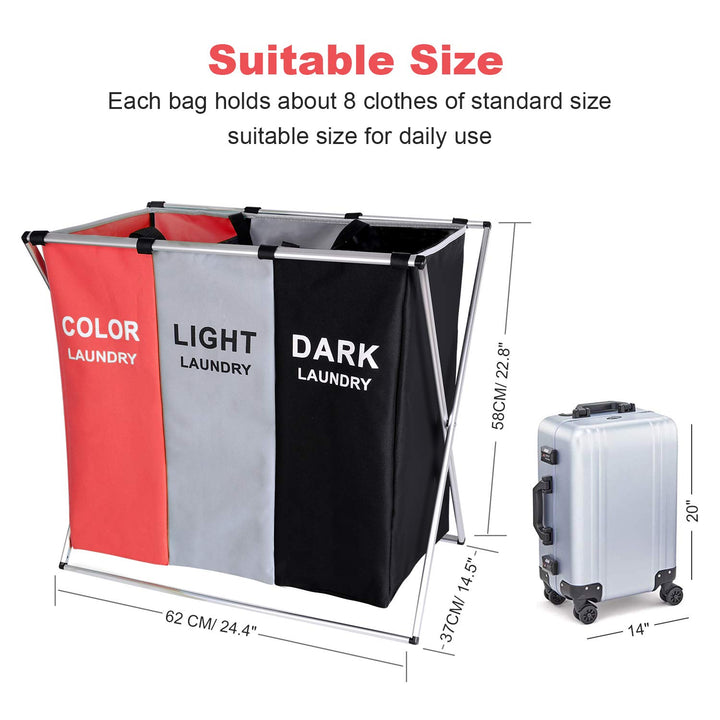 135L Laundry Basket Sorter Cart Dirty Cloth 3 Section Hamper Bag Organizer 24'' × 14'' x 23'' (Red)