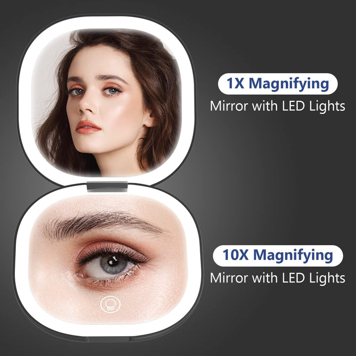 Travel Mirror with Light, Rechargeable 1x/10x Compact Magnifying Mirror, Dimmable Pocket Mirror,Handheld Double Mirror with Light,3.5 inch Travel Size,Portable for Handbag,Purse,Gift,Cyan