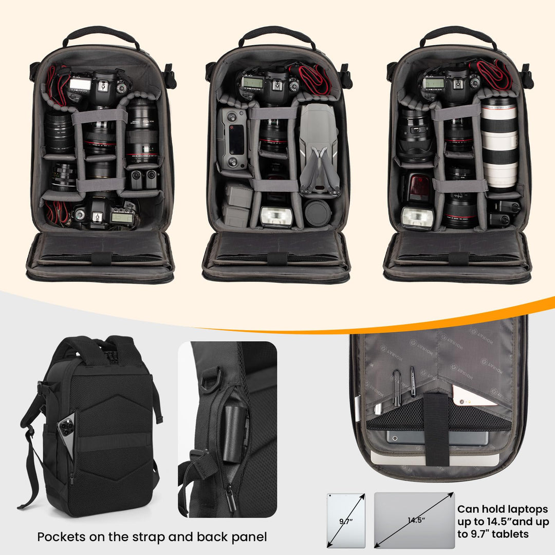 Hardshell Camera Backpack Bag: 3-side Hard Case Camera Backpack Photography Bag DSLR Backpack Bag with Waterproof Raincover Laptop/Tripod Compartment for Men Women Photographers Black