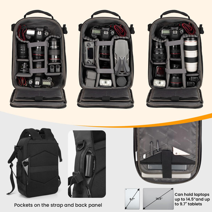 Hardshell Camera Backpack Bag: 3-side Hard Case Camera Backpack Photography Bag DSLR Backpack Bag with Waterproof Raincover Laptop/Tripod Compartment for Men Women Photographers Black