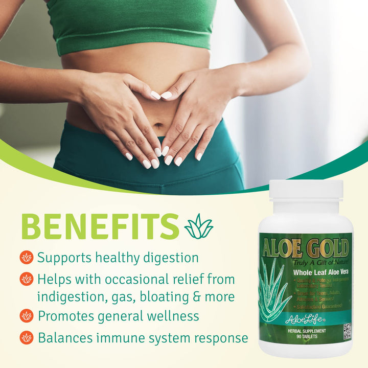 - Aloe Gold Tablets, Immune Support & Healthy Herbal Bitters, Supports Proper Digestion, Promotes Energy & Body Wellness, Certified Organically Grown Whole Leaf Aloe Vera Leaves (90 Tablets)