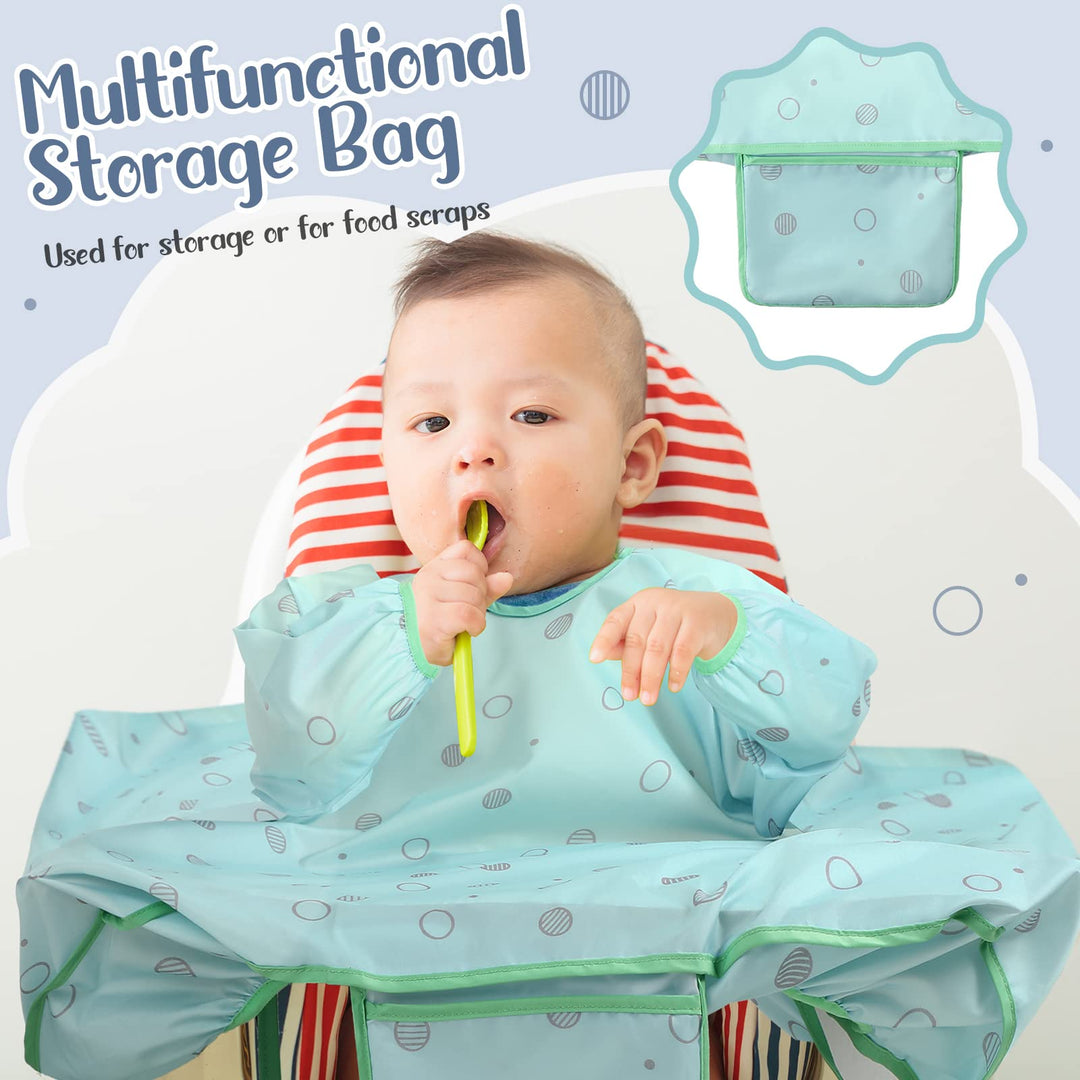 3 Pcs Coverall Baby Feeding Bib Long Sleeves Attaches to Highchair Booster Seat Table Smock for Eating Easy Clean Apron Neutral Weaning 6-36 Months Toddler Boys Girls Kids, Blue, Gray, Green
