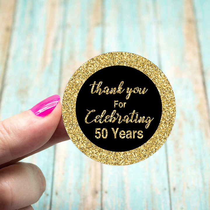 50th Birthday Stickers, Gold 1.75 Inch Round Circle Labels, 50 Reusable Decorations for Anniversary Party, Pack of 50