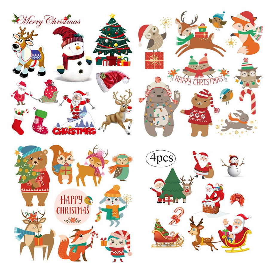 XMAS Patches Christmas Heat Transfer Iron on Appliques for Jackets T-Shirt Jeans Pillow Backpacks Clothes Decorations Sticker with Santa Claus Snowman Elk Animals Candies Trees Design 4PCS Party Favor