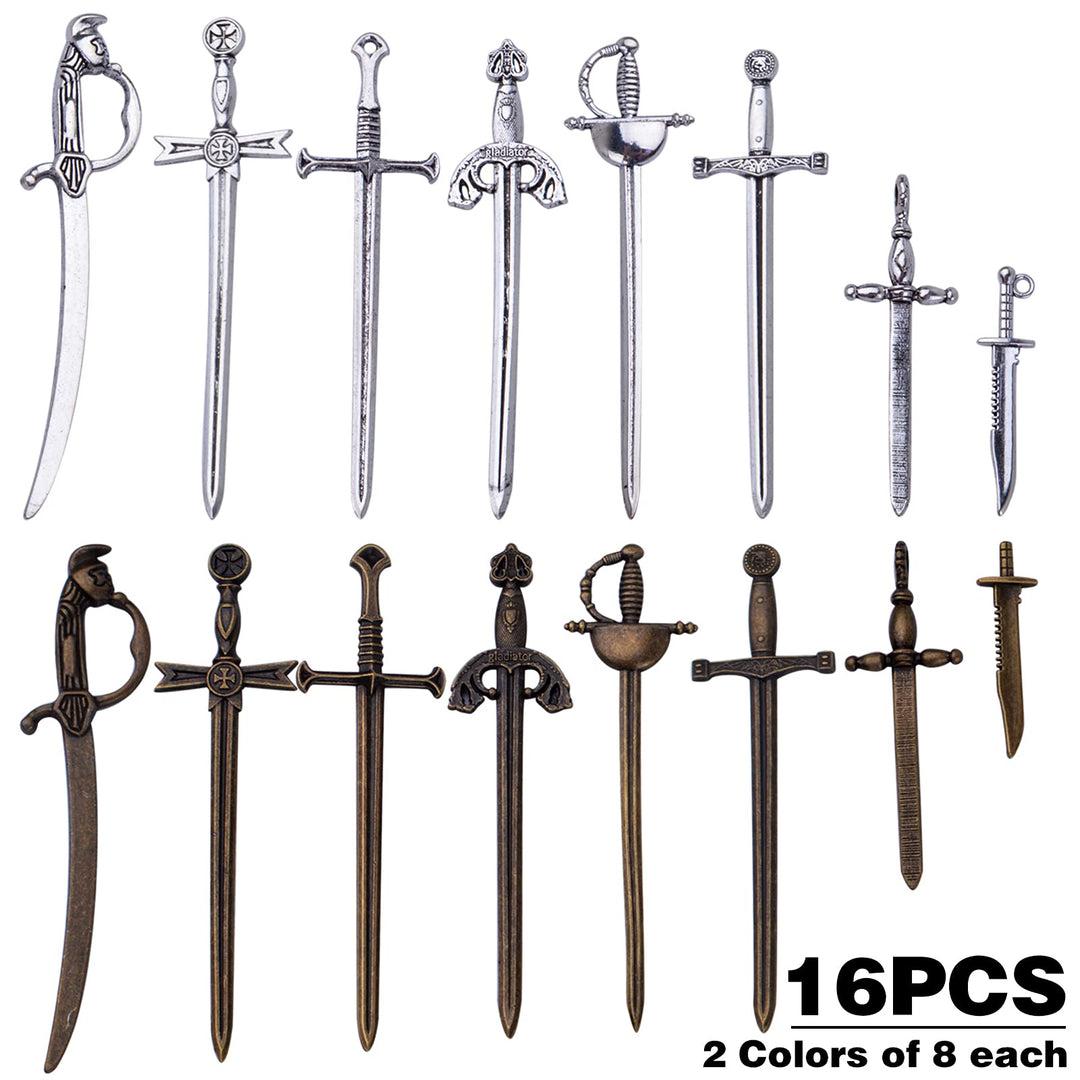 16pcs Craft Supplies Swords Knife Bookmark Charms Long Swords Knife Charms Pendants for Bookmarks, Jewelry Making Accessory