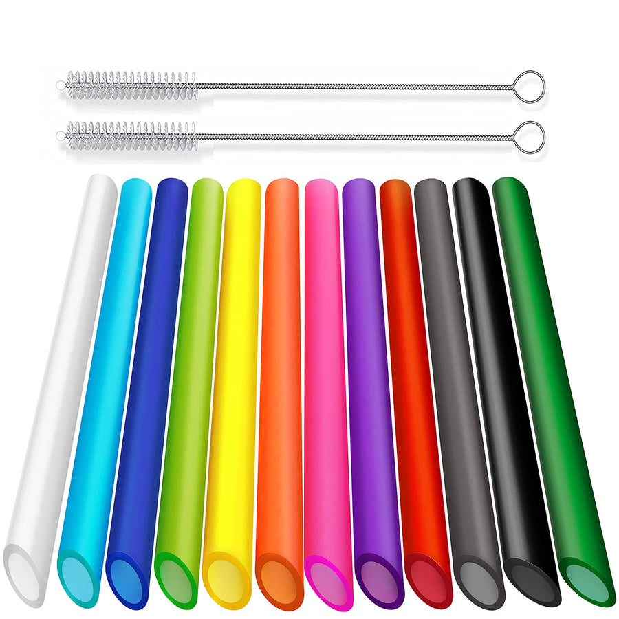 12 PCS Reusable Boba Straws, 13 mm x 10.5 inch Long Wide Colored Plastic Smoothie Straws for Bubble Tea, Tapioca Pearls with 2 Cleaning Brush - Pointed Design
