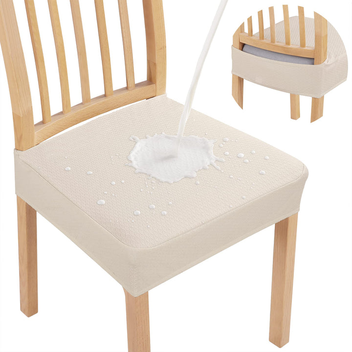 Waterproof Seat Covers for Dining Room Chairs Set of 6, Stretch Jacquard Removable Washable Chair Seat Slipcovers Protector, No Rear Covers, Beige