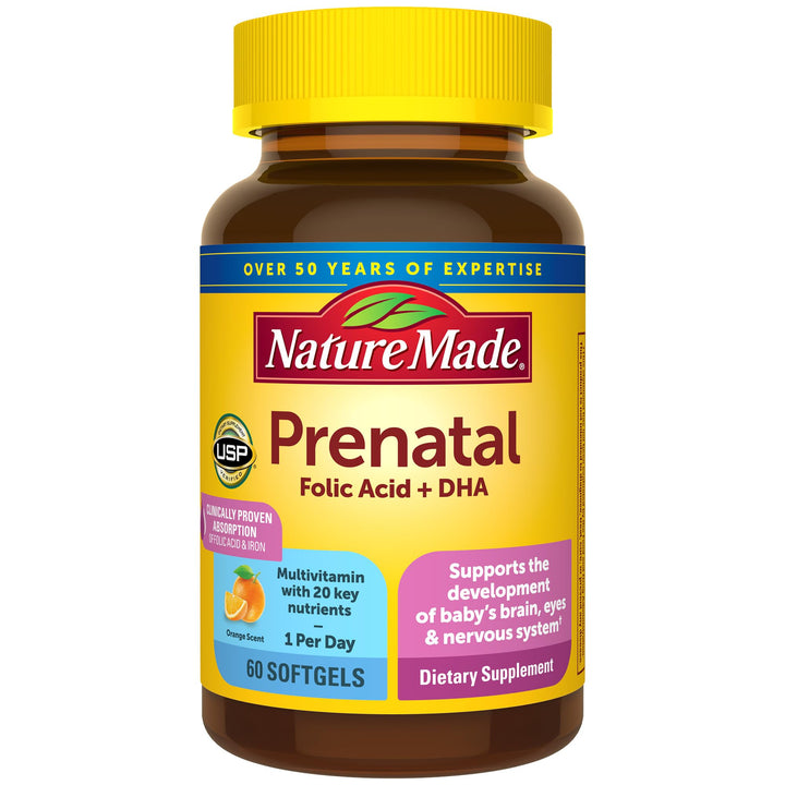 Prenatal with Folic Acid + DHA, Prenatal Vitamin and Mineral Supplement for Daily Nutritional Support, 60 Softgels, 60 Day Supply