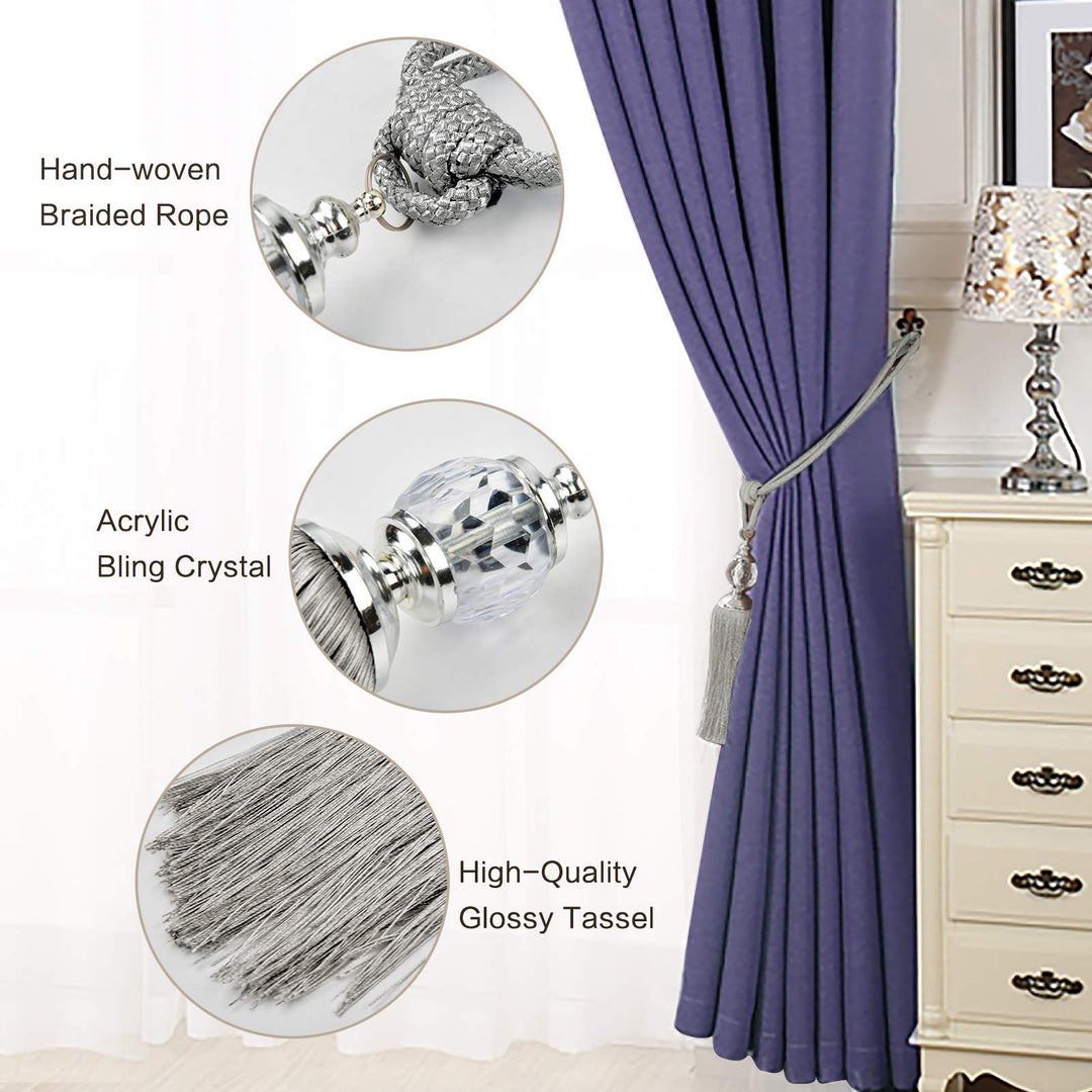 Curtain Tiebacks Rope Tassel Tieback Crystal Curtain Holdbacks Silver for Drapes Decorative Drapery Tassels Decoration Braided Tie Backs Curtain Holder 2 Pack
