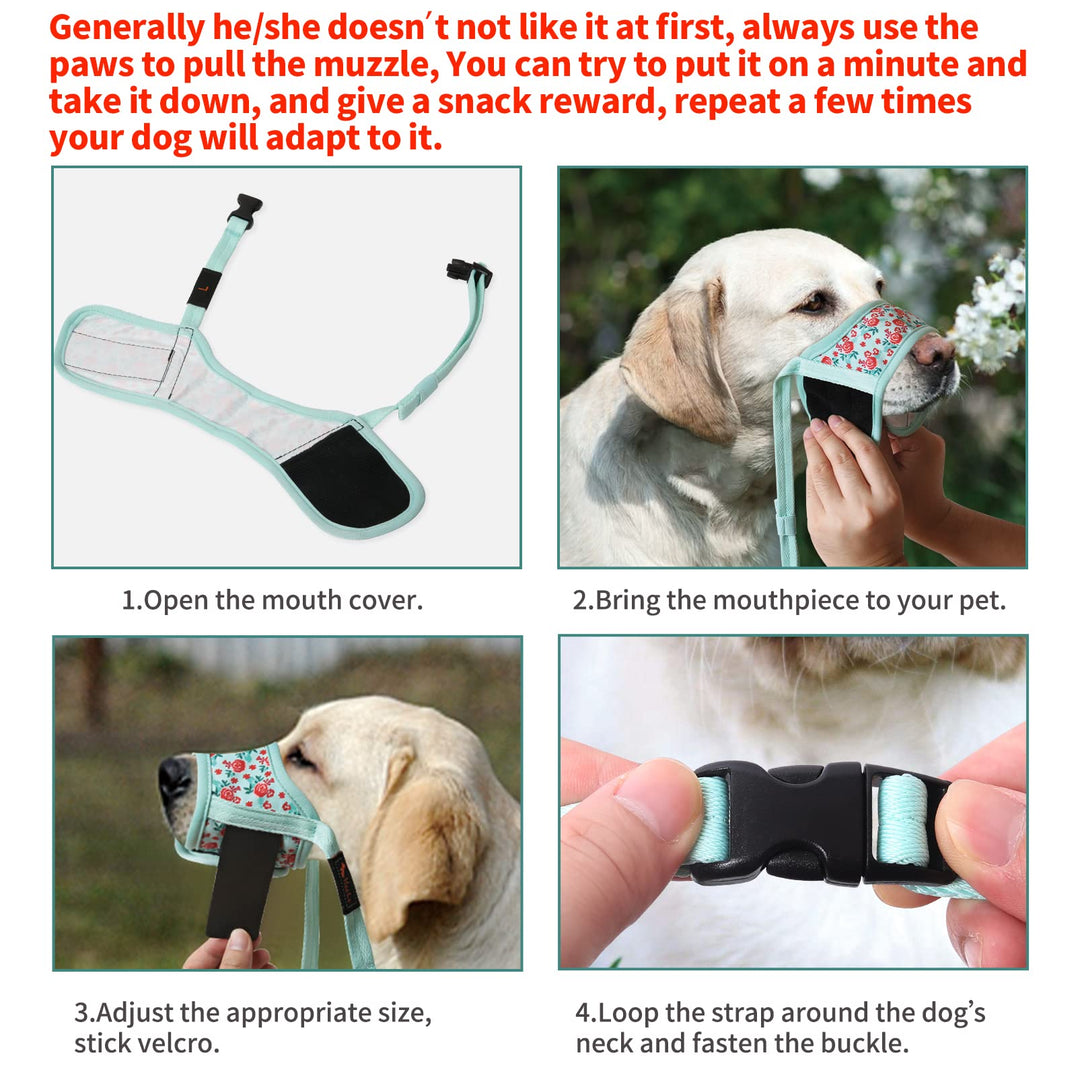 Dog Muzzle,Soft Nylon Print Muzzle Air Mesh Breathable Adjustable Loop Pattern Pets Muzzles for Small Medium Large Dogs,Stop Biting Barking and Chewing Cyan Flower X-Small