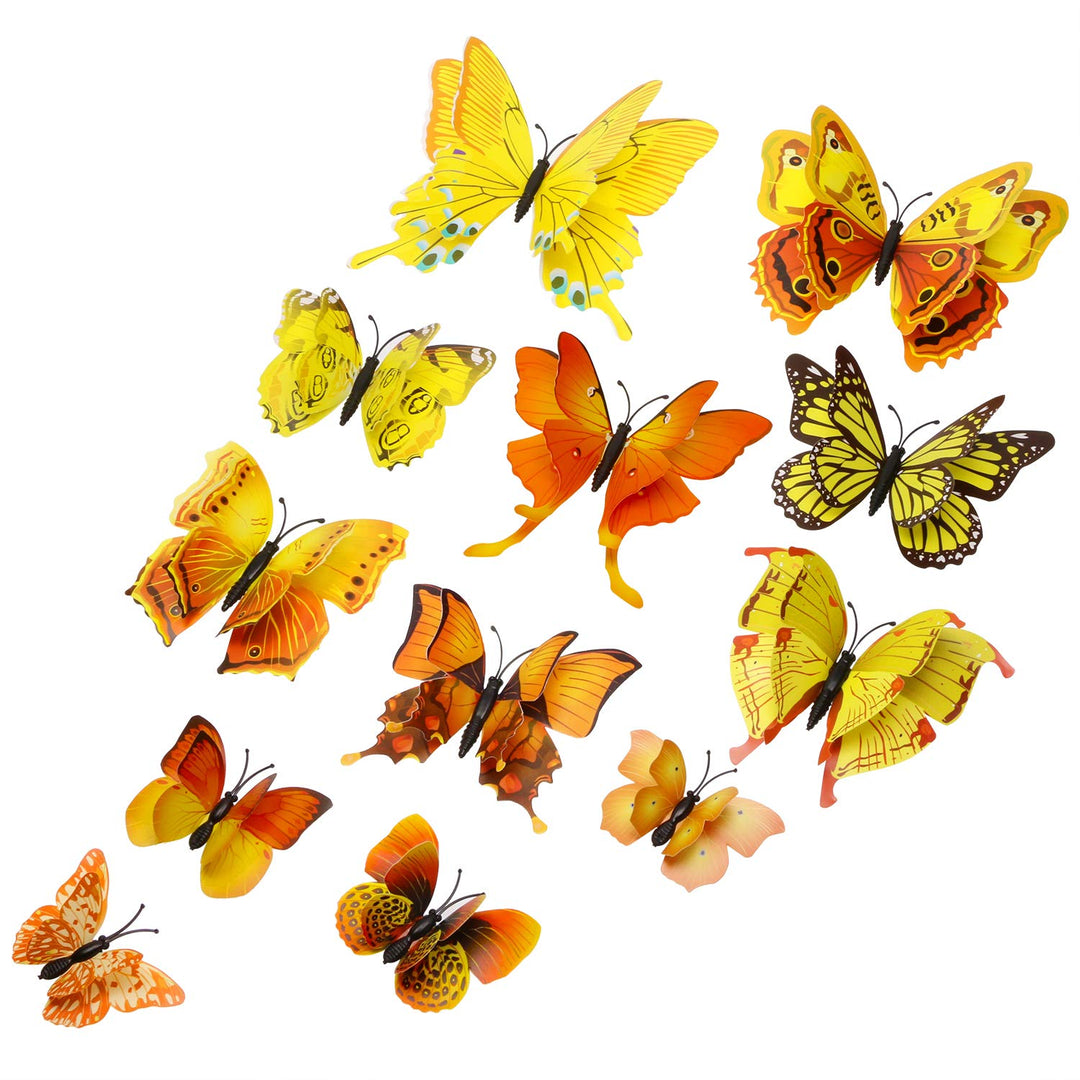 12PCS Double Wings 3D Butterfly Wall Stickers Decals DIY Art Crafts Decorations for Windows Refrigerator Bedroom Classroom Bathroom Home Office Birthday Party (Yellow)