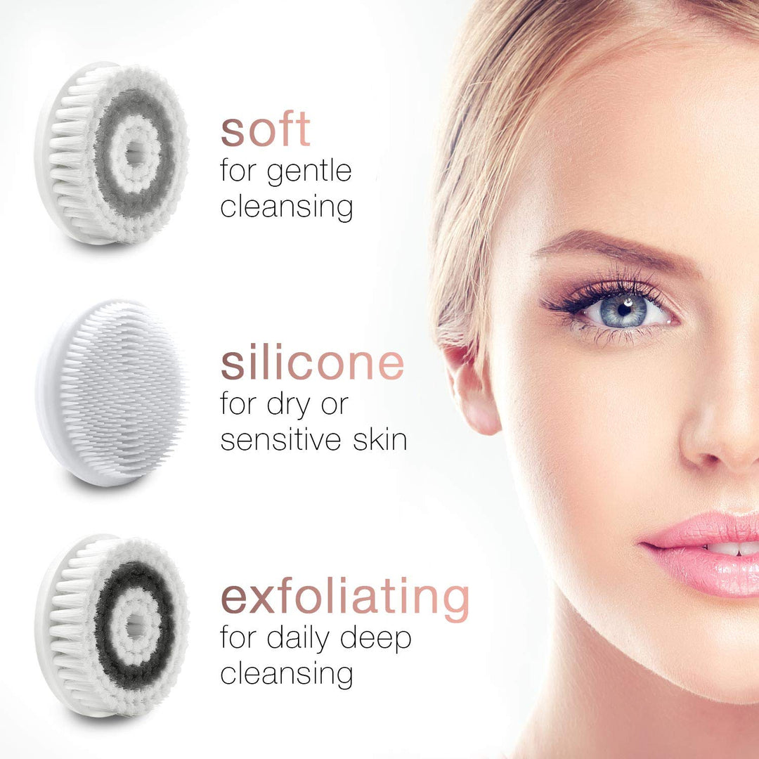 Waterproof Facial Cleansing Spin Brush Set with 3 Exfoliating Brushes - Complete Face Spa System - Advanced Microdermabrasion for Gentle Exfoliation and Deep Scrubbing (Dove)