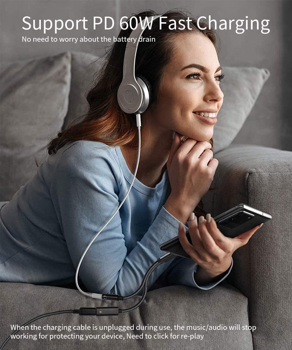 2 in 1 USB C to 3.5mm Headphone Audio and Charge Adapter, Type c to Aux Audio with PD 60W Fast Charge Adapter fit with iPhone 16 15 Pro Max, Galaxy S24 S23 S22, Pixel 9 8 7 6, iPad Pro/Macbook Air