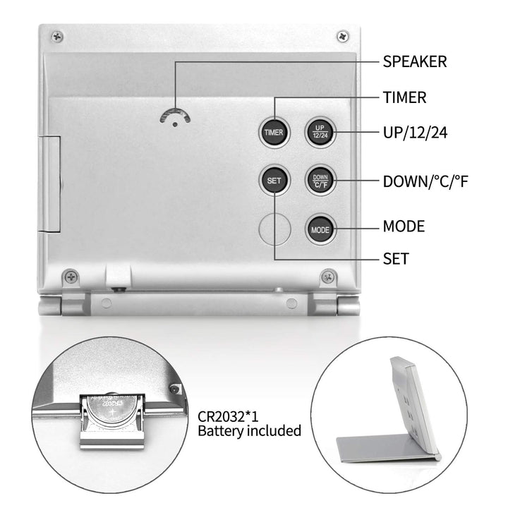 Digital Travel Alarm Clock with White Backlight - Foldable Calendar Temperature Timer LCD Clock with Snooze Mode - Large Number Display, Battery Operated - Compact Desk Clock for All Ages