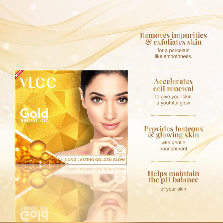 Gold Facial Kit, Bright & Glowing Skin - 60g | Pamper your Skin for a Luminous Glow | Parlour Glow with 24K Gold Bhasma, Rose Extracts, Turmeric & Aloe Vera.