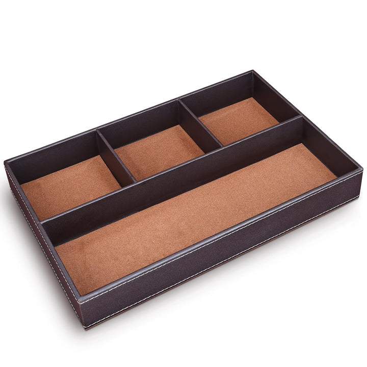 Pu Leather Desk Organizer Tray, 4 Compartment Office Storage Supplies Stationery Drawer Tray, Nightstand Bedside Tray for Key, Wallet, Watch, Coin, Phone Valet Tray Stackable