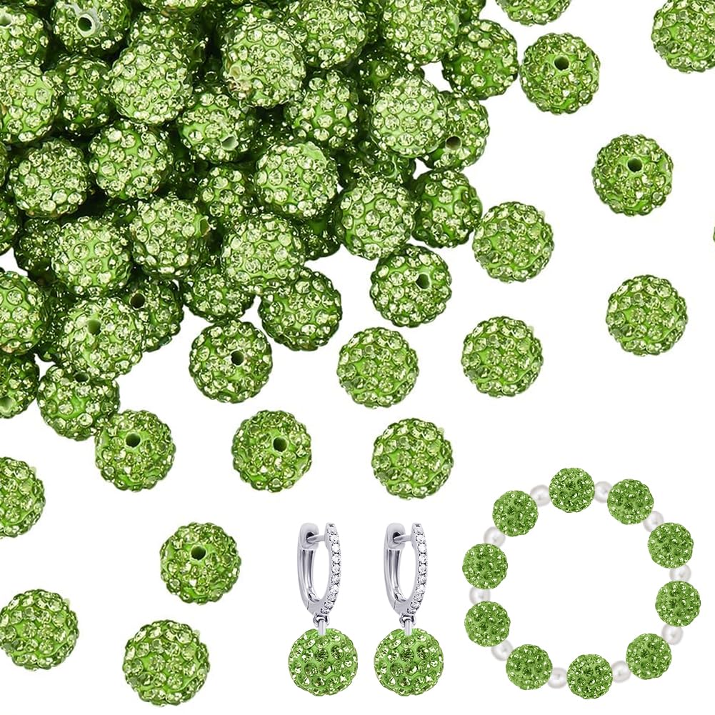 100pcs 10mm Green Rhinestone Beads Green Polymer Clay Beads Crystal Beads Pave Disco Ball Clay Beads Round Diamond Clay Beads for Necklace Bracelet Jewelry Making DIY Crafts