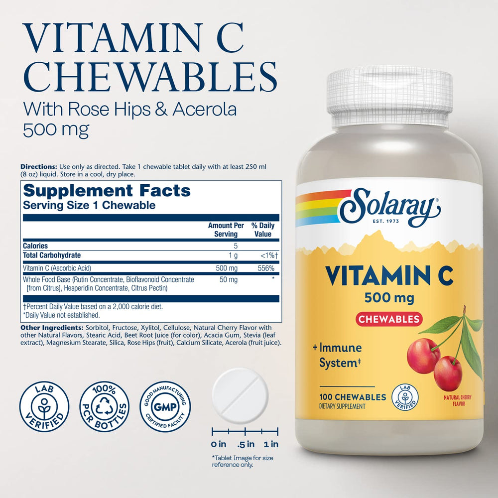 Chewable Vitamin C 500 mg, Natural Cherry Flavor with Natural Sweeteners, Antioxidant and Immune Support Supplement with Whole Food Base, 60-Day Guarantee, 100 Servings, 100 Chewables