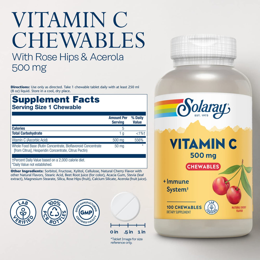 Chewable Vitamin C 500 mg, Natural Cherry Flavor with Natural Sweeteners, Antioxidant and Immune Support Supplement with Whole Food Base, 60-Day Guarantee, 100 Servings, 100 Chewables