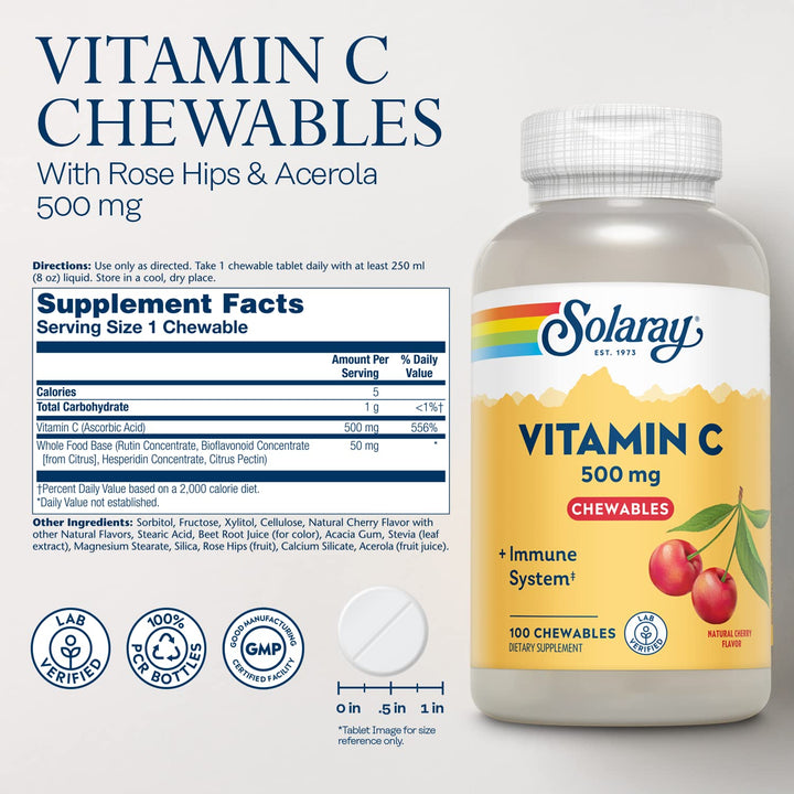 Chewable Vitamin C 500 mg, Natural Cherry Flavor with Natural Sweeteners, Antioxidant and Immune Support Supplement with Whole Food Base, 60-Day Guarantee, 100 Servings, 100 Chewables