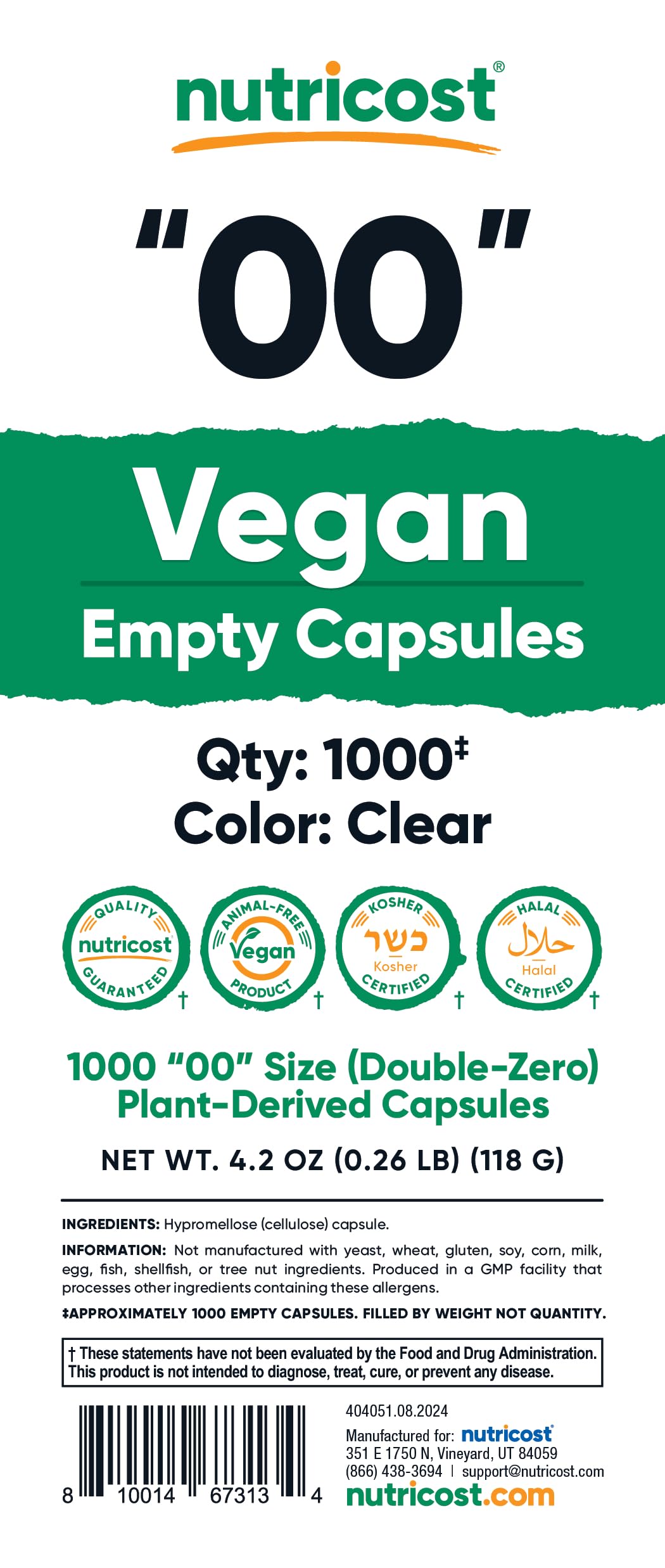 Empty Capsules Size 00 Vegan - 1,000 Clear Empty Plant-Based Capsules - Kosher Certified, Halal Certified, Non-GMO, Soy Free, Gluten Free, Vegetarian