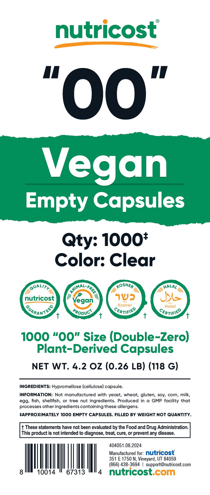 Empty Capsules Size 00 Vegan - 1,000 Clear Empty Plant-Based Capsules - Kosher Certified, Halal Certified, Non-GMO, Soy Free, Gluten Free, Vegetarian