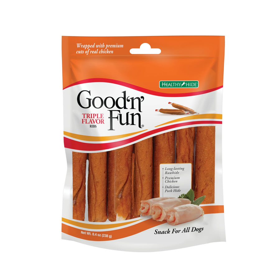 Good ‘n’ Fun Triple Flavor Ribs Chews for All Dogs, Treat Your Dog to Long-Lasting Chews Made with Beef Hide, Chicken and Pork Hide, 8.4 Ounces