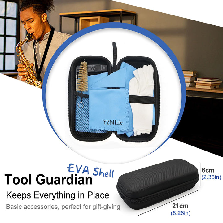 Saxophone Cleaning kit, with Case for Alto Tenor Clarinet Flute and other Wind & Woodwind Struments Including Sax Cleaning Cloth(4pcs),Mouthpiece Brush Thumb Rest Cushion Reed Case,(Blue)
