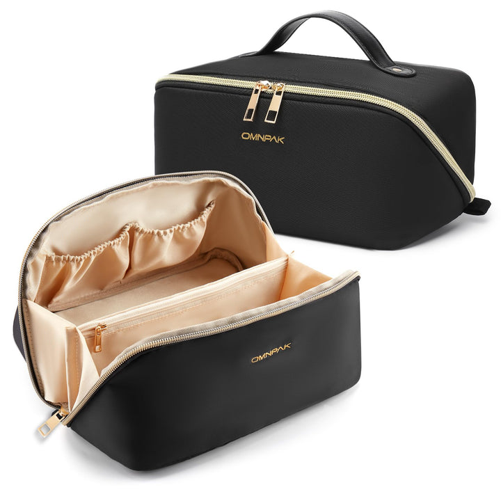 Makeup Bag, Open Flat Cosmetic Bag, Small Zipper Pouch for Women, Makeup Organizer for Travel or Daily Use, Black
